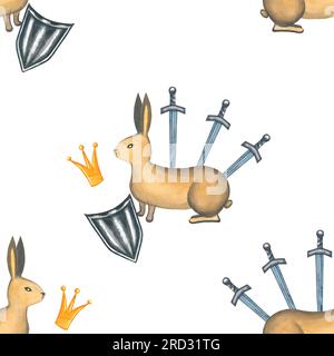 Watercolor illustration of rabbits with swords, shield and crown. The seamless pattern is made by hand on a white background Stock Photo