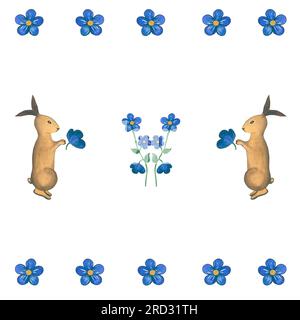 Watercolor illustrations rabbits and flowers in medieval style. Seamless pattern hand drawn on a white background.For the design and decoration Stock Photo