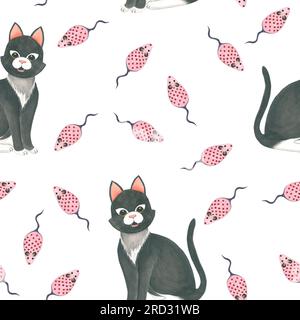 Watercolor illustration cat and mouse. Seamless pattern hand drawn on a whitebackground. For the design and decoration of souvenirs, wrapping paper Stock Photo