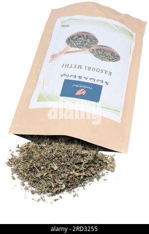 100 gram Packet of Kasoori Methi Dried Fenugreek Leaves of Indian Origin from Foodstuff Mart Premium Quality Store Stock Photo