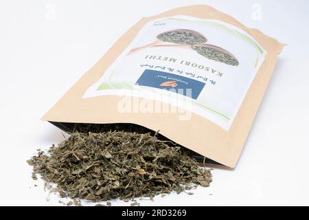 100 gram Packet of Kasoori Methi Dried Fenugreek Leaves of Indian Origin from Foodstuff Mart Premium Quality Store Stock Photo