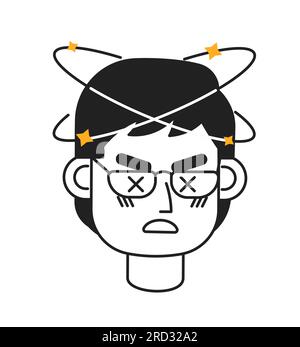 Asian eyeglasses man feeling dizzy monochrome flat linear character head Stock Vector