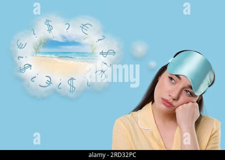 Insomnia. Tired woman with sleep mask dreaming about vacation on light blue background. Thought cloud with seashore and symbols of dollar, euro and qu Stock Photo