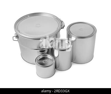 New metal paint cans and bucket on white background Stock Photo