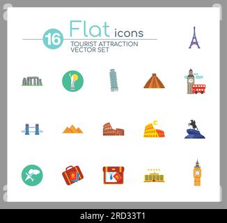 Tourist Attraction Icons Set Stock Vector