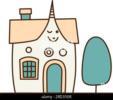 Vector cartoon blue house with big window and two flues icon. Vector small  house with purple roof and cloud in the sky icon. 26297301 Vector Art at  Vecteezy