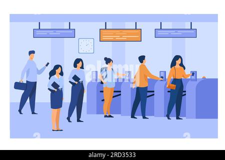 Metro passengers scanning electronic train tickets Stock Vector