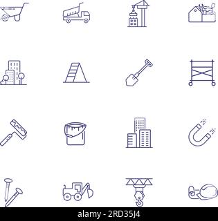 Housebuilding line icon set. Dump truck, scaffold Stock Vector