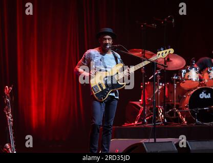 Cracow, Poland - July 17, 2023: Marcus Miller European Tour 2023 on stage in Congress Centre ICE Cracow at the 28th Summer Jazz Festival in Krakow. Stock Photo