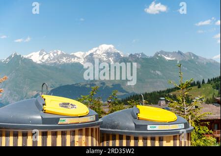 Les Arcs, France. 11th July, 2023. Mountains of containers for glasses, plastics, etc., facing Mont Blanc, Les Arcs 1800, Le Chantel, France on July 11, 2023. Photo by Helder Januario/Abacapress Credit: Abaca Press/Alamy Live News Stock Photo