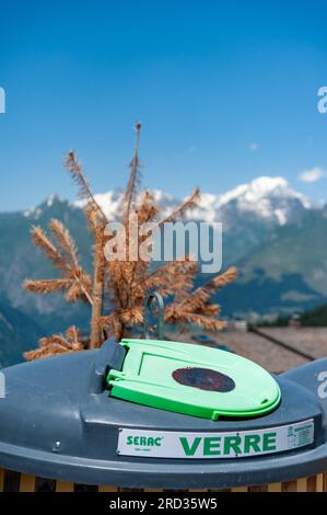 Les Arcs, France. 11th July, 2023. Mountains of containers for glasses, plastics, etc., facing Mont Blanc, Les Arcs 1800, Le Chantel, France on July 11, 2023. Photo by Helder Januario/Abacapress Credit: Abaca Press/Alamy Live News Stock Photo