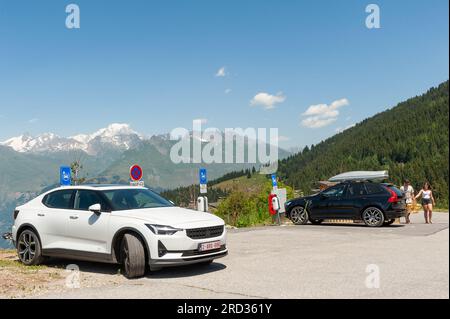 Les Arcs, France. 11th July, 2023. Reserved parking for electric cars, facing Mont Blanc, Les Arcs 1800, Le Chantel, France on July 11, 2023. Photo by Helder Januario/Abacapress Credit: Abaca Press/Alamy Live News Stock Photo