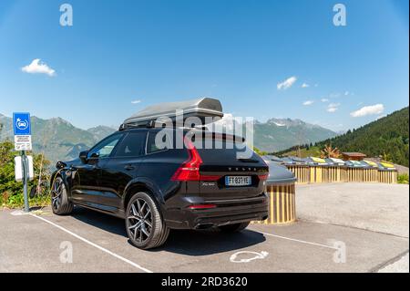 Les Arcs, France. 11th July, 2023. Reserved parking for electric cars, facing Mont Blanc, Les Arcs 1800, Le Chantel, France on July 11, 2023. Photo by Helder Januario/Abacapress Credit: Abaca Press/Alamy Live News Stock Photo