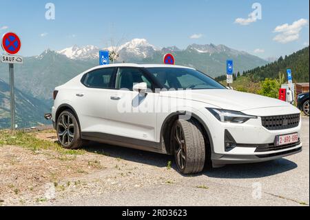 Les Arcs, France. 11th July, 2023. Reserved parking for electric cars, facing Mont Blanc, Les Arcs 1800, Le Chantel, France on July 11, 2023. Photo by Helder Januario/Abacapress Credit: Abaca Press/Alamy Live News Stock Photo