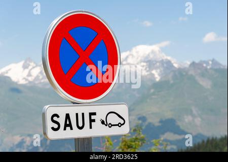 Les Arcs, France. 11th July, 2023. Reserved parking for electric cars, facing Mont Blanc, Les Arcs 1800, Le Chantel, France on July 11, 2023. Photo by Helder Januario/Abacapress Credit: Abaca Press/Alamy Live News Stock Photo