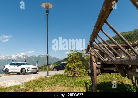 Les Arcs, France. 11th July, 2023. Reserved parking for electric cars, facing Mont Blanc, Les Arcs 1800, Le Chantel, France on July 11, 2023. Photo by Helder Januario/Abacapress Credit: Abaca Press/Alamy Live News Stock Photo