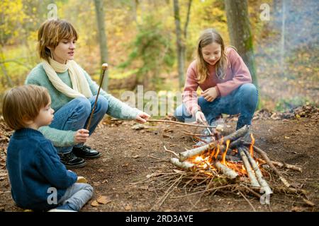 Children roasting marshmallows on sticks at bonfire. Children having fun at camp fire. Camping with kids in fall forest. Family leisure with kids at a Stock Photo