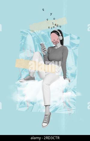 3d retro abstract creative artwork template collage of young female listen music earphones radio sound song headphones faceless letters Stock Photo