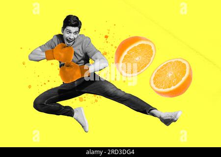 3d retro abstract creative artwork template collage of smiling excited energetic young man leg karate fight boxer gloves cut orange fruit Stock Photo