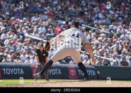 July 16 2023 New York pitcher Tommy Kahnle (41) throws a pitch during the  game with New York Yankees and Colorado Rockies held at Coors Field in  Denver Co. David Seelig/Cal Sport