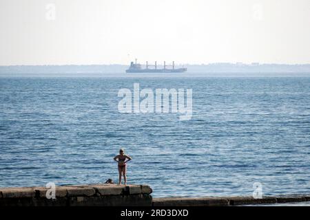Non Exclusive: ODESA, UKRAINE - JULY 16, 2023 - The Turkish bulk carrier TQ SAMSUN, loaded with Ukrainian agricultural products as part of the Grain I Stock Photo