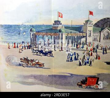 Section from a colour panorama of the entrance to the South Parade Pier at Southsea which was opened in July 1908. From a collection of printed advertisements and photographs dated 1908 relating to the Southsea and Portsmouth areas of Hampshire, England. Some of the originals were little more than snapshot size and the quality was variable. Stock Photo