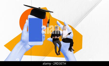Contemporary art collage. Young people, man and woman, student learning online, using apps for studying different skills Stock Photo