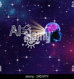 a human brain and artificial intelligence connected by a glowing bridge of light. The brain represents the natural creativity of humans Vs AI Stock Photo