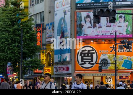 TOKYO, JAPAN - JULY 16 2023: Colorful signs, advertisments and shops in the Akihabara 'electric town' area of Tokyo, Japan Stock Photo