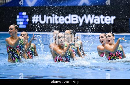 Fukuoka, Japan. 18th July, 2023. Team Greece perform during the team technical final of artistic swimming at the World Aquatics Championships in Fukuoka, Japan, July 18, 2023. Credit: Xia Yifang/Xinhua/Alamy Live News Stock Photo