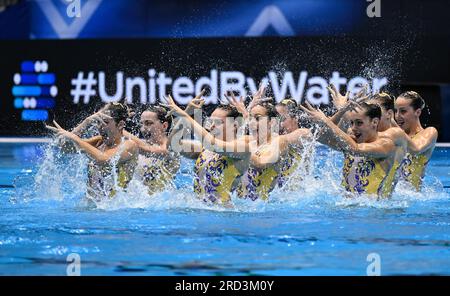 Fukuoka, Japan. 18th July, 2023. Team Spain perform during the team technical final of artistic swimming at the World Aquatics Championships in Fukuoka, Japan, July 18, 2023. Credit: Xia Yifang/Xinhua/Alamy Live News Stock Photo