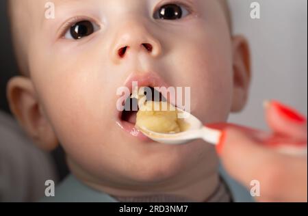 The first feeding with fruit puree for a baby boy who is 6 months old. Stock Photo