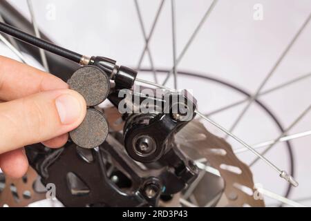 new brake pads in hand on the background of a bicycle brake caliper. Replacement of brake pads Stock Photo