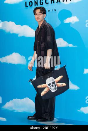 Seoul, South Korea. 18th July, 2023. South Korean model Nam Yoon-soo, attends a photocall for the Longchamp and Toiletpaper Collaboration Collection Pop-Up Store Event in Seoul, South Korea on July 18, 2023. (Photo by Lee Young-ho/Sipa USA) Credit: Sipa USA/Alamy Live News Stock Photo