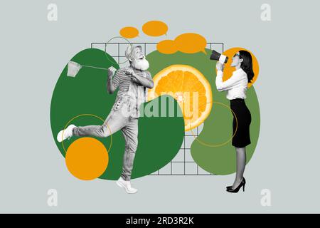 Creative composite collage photo of angry mad woman scream in megaphone on senior man with butterfly net isolated on gray color background Stock Photo