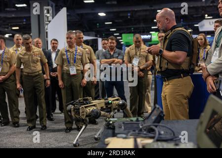 Marine Raiders and contractors with Marine Forces Special Operations Command demonstrate the rapid accessory integration device (RAID) plate to Brig. Gen. Kyle Ellison, commanding general, Marine Corps Warfighting Laboratory, and industry professionals at Modern Day Marine 2023, Washington, D.C., June 28, 2023. The RAID plate is designed to integrate modular systems into one lightweight device to lighten the load on the individual operator. Stock Photo