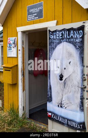 Greenland Coolest place on Earth, entrance to Greenland Memories Souvenir Shop at Sisimiut, Greenland on a wet rainy day in July Stock Photo