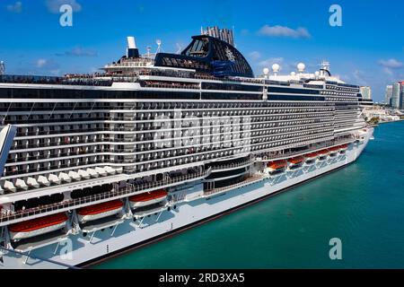 Miami, USA - April 29, 2022: MSC Seashore cruise ship prepares for departure from Miami to a weeklong Caribbean voyage Stock Photo