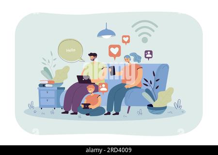 Addicted family using digital gadgets Stock Vector