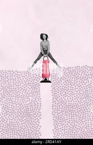 Vertical collage image of black white effect excited girl jump use cordless vacuum cleaner isolated on drawing background Stock Photo