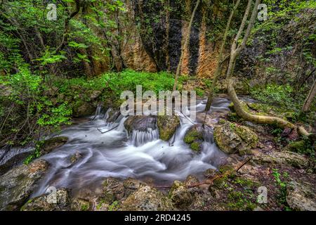 Sagittario river flows fast between rocks and woods near the Cavuto Springs, Anversa, Abruzzo, Italy, Europe Stock Photo