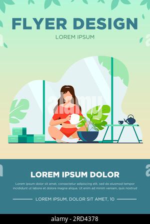 Woman sitting on floor and watering plant Stock Vector
