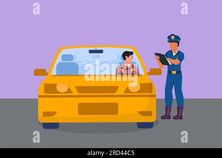 Cartoon flat style drawing policeman with uniform is ticketing a driver who uses a car for violating traffic signs. Regulations enforcement on roadway Stock Photo