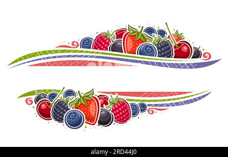Vector border for Berries with copy space for ad text, decorative layout with illustration of garden sweet strawberry, sour cherry berry, forest black Stock Vector