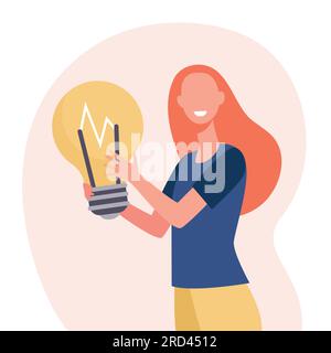 Happy woman holding big bulb and smiling Stock Vector
