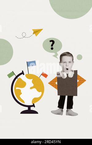 Vertical collage picture of funky black white colors kid question mark mind bubble planet earth globe country flags flying paper airplane Stock Photo