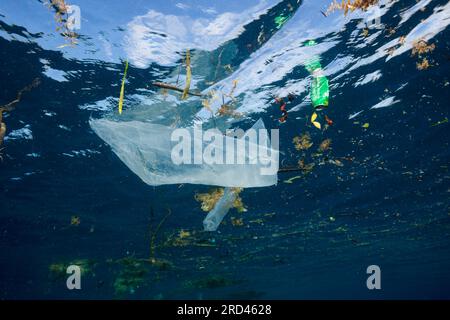 Trash floating in ocean, Raja Ampat, West Papua, Indonesia Stock Photo