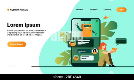 Tiny woman using mobile assistant with chatbot Stock Vector