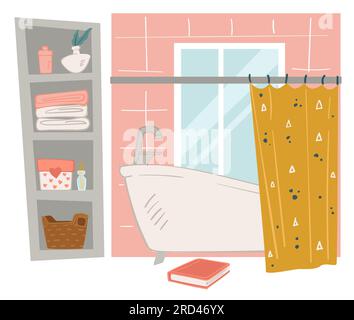 Bathroom interior design, bathtub and shelves storage vector Stock Vector
