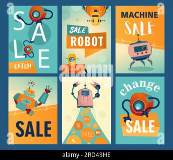 Sale flyers set with cartoon robots Stock Vector